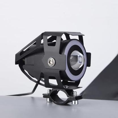 Motorcycle LED Fog Lights U7 Spotlight with High Low Strobe Beam Halo Rings White Central with U7 LED Running DRL Switches Clamps Universal Spotlights Driving Lights 2 Packs (White) - color: White
