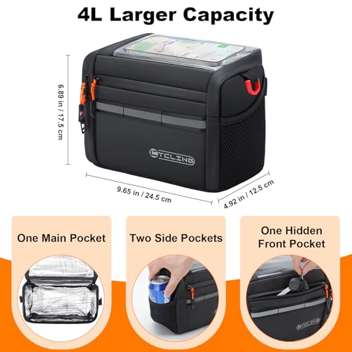 Insulated Bike Handlebar Bag, 4L Capacity Storage Pouch with 7.5" Bike Phone Bag Holder Sensitive Touch Screen Tube Bicycle Bag with Shoulder Strap for Outdoor Trip