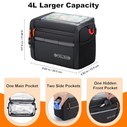 Insulated Bike Handlebar Bag, 4L Capacity Storage Pouch with 7.5" Bike Phone Bag Holder Sensitive Touch Screen Tube Bicycle Bag with Shoulder Strap for Outdoor Trip