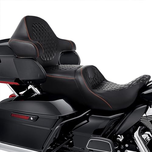 CC RIDER Gel Seat Driver Passenger Seat+ King/Chopped Trunk Backrest Pad Fit For Harley 2014-2023 Touring Street Glide Road Glide Electra Glide CVO,Diamond Stitching - color: 04# Gel Brown+ Tour Trunk Backrest