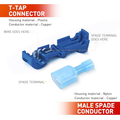 Nilight 120PCS/60 Pairs Quick Splice Disconnect Wire Terminals T-Tap Spade Connectors Blue 16-14 AWG Male Female Fully Insulated Crimp Self-Stripping Kit - size: 120Pcs 16-14AWG
