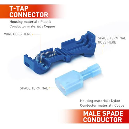 Nilight 120PCS/60 Pairs Quick Splice Disconnect Wire Terminals T-Tap Spade Connectors Blue 16-14 AWG Male Female Fully Insulated Crimp Self-Stripping Kit - size: 120Pcs 16-14AWG
