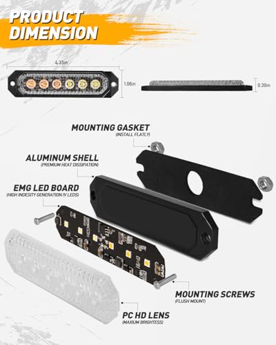 HLauto 406T Emergency Strobe Grille Lights: 4Pcs 6 LED Sync Feature Safety Warning Flashing Light, 12V-24V Ultra Slim Surface Mount Hazard Caution Light for Truck, Vehicle, Car, ATV, UTV (Amber) - color: Amber