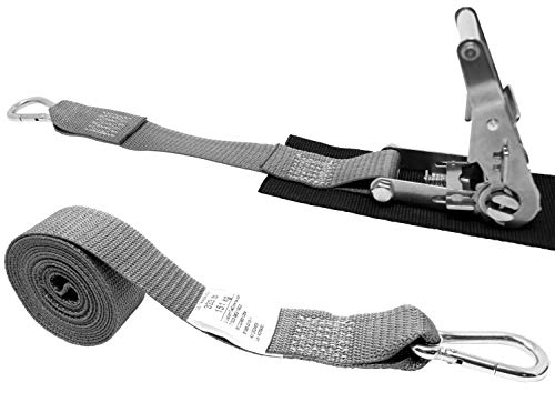 1.5 Inch Stainless Steel Ratchet Strap with Protective Pad Under Buckle, Stainless Steel Carabiner Clip with Grommet On Both Ends, Total Strap Length 10 Ft. - color: Grey