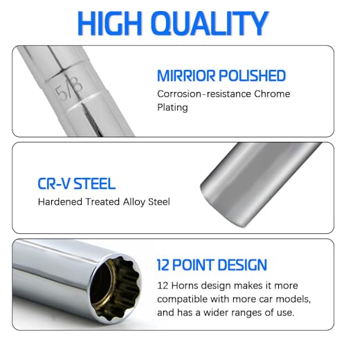 A ABIGAIL 5/8" Swivel Magnetic Spark Plug Socket 3/8 Inch Drive x 4" Total Length 12-Point 360 Degree Swivel Thin Wall Spark Plug Socket Removal Tool Cr-V Steel - size: 5/8”- 4inch