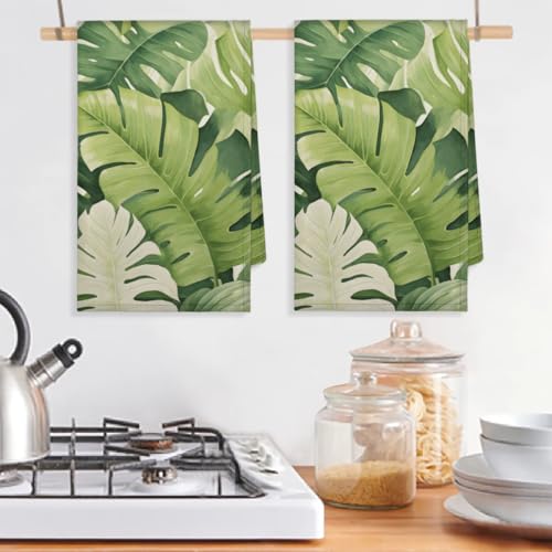 Palm Leaves Kitchen Towels Set of 2 Tropical Floral Dish Towels Bar Absorbent Cleaning Tea Towel for Home Dining Restaurants - color: White Green