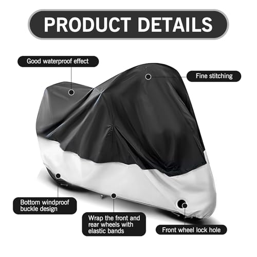1 PC 190 T Car Cover, 104.33" x 49.21" x 41.33" Indoor and Outdoor Rain Cover with Wind Buckle, Motorcycle Body Dust Cover with Locking Hole, Universal for Most Motorcycles (Black & Silver)