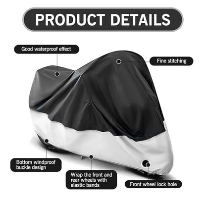 1 PC 190 T Car Cover, 104.33" x 49.21" x 41.33" Indoor and Outdoor Rain Cover with Wind Buckle, Motorcycle Body Dust Cover with Locking Hole, Universal for Most Motorcycles (Black & Silver)