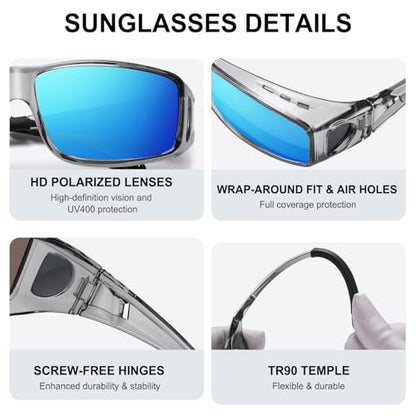 Wzerry Sunglasses Fit Over Glasses Polarized for Men Women, Wrap-Around Glasses UV400 Protection for Driving and Outdoor - color: Black/Grey + Transparent Grey/Blue + Transparent Purple/Pink