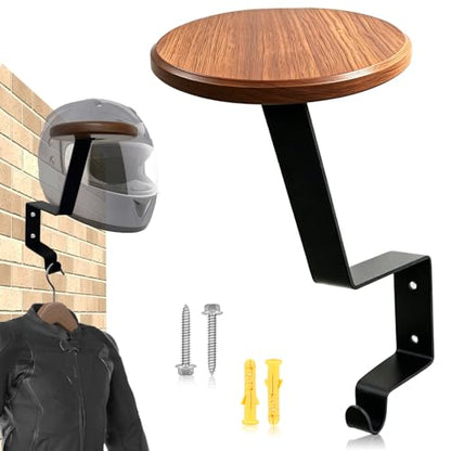 Solid Wooden Helmet Holder Wall Mount-Heavy Duty Motorcycle Helmet Rack with Wood Shelf and Intensify Hook, Display & Space Organizer for Bike, Football Helmets Hat Cap (Install Hardware Included)