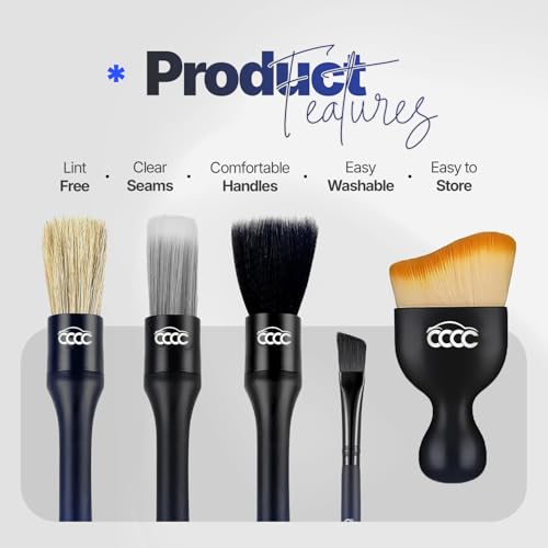5 Pcs Car Detailing Brush Set – 2 Pcs Ultra-Soft for Delicate Leather, Screens & Trim, 2 Pcs Nylon for Wheels, Tires & Tough Dirt, 1 Pc Boar Hair for All-Purpose Interior & Exterior Detailing