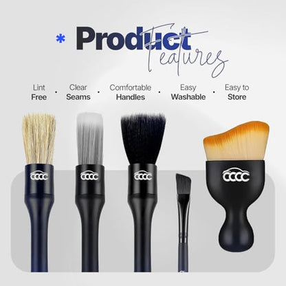 5 Pcs Car Detailing Brush Set – 2 Pcs Ultra-Soft for Delicate Leather, Screens & Trim, 2 Pcs Nylon for Wheels, Tires & Tough Dirt, 1 Pc Boar Hair for All-Purpose Interior & Exterior Detailing