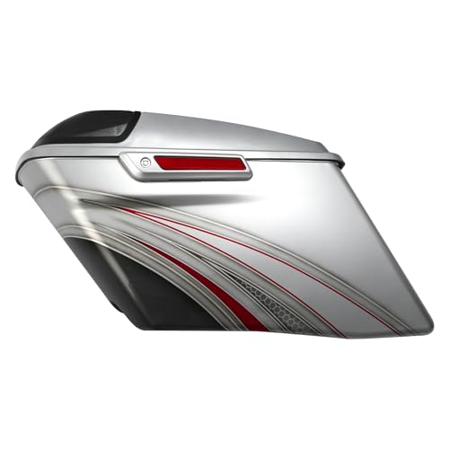 HR3 Custom 4" Stretched Hard Saddlebags w/Speaker Lids Compatible with 2014-later Harley Touring Road King Road Glide Street Glide Ultra Limited FLHT (Candy Red/Silver Honeycomb Fade) - color: Custom- Candy Red / Silver Honeycomb Fade