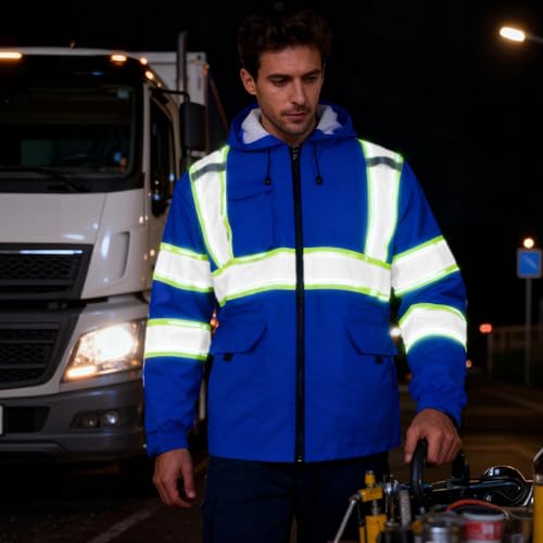 KARXICIY ZUJA Hi Vis Reflective Safety Jacket for Men Women Construction Jacket with Hood High Visibility Safety Rain Jacket - color: Blue, size: Small