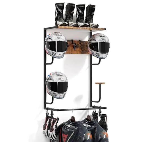Motorcycle Helmet Holder Wall Mount - Heavy Duty Iron Motorcycle Helmet Rack with 4 Helmet Stands & 4 Glove Clips