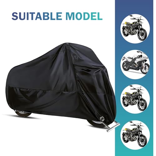 Motorcycle Cover, 190T Anti-scratch Waterproof Shield for All Seasons, Full Coverage Windproof Protector with Fixed Buckle Strap, Anti-theft Outdoor Accessory with Lock-holes (Black)