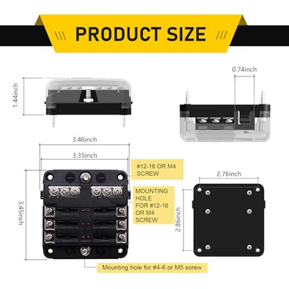 12 Volt Fuse Block, Waterproof 6 Way 12 Volt Fuse Box, ATO/ATC Marine Fuse Panel with LED Indicator Damp Proof Cover, Light Universal for Car Marine RV Truck