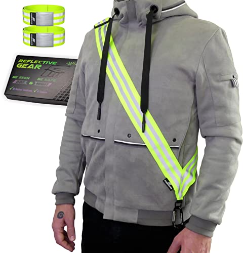 FREEMOVE Reflective SASH with 2 Bands - or - Reflective Runners Waist Belt with 4 Arm Bands > Easy to Put On/Off Reflective Gear for Guaranteed Visibility & Safety for Dog Walking, Running, Cycling - color: Yellow SASH and BANDS
