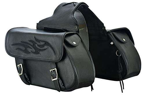 Motorcycle 2 Pc Throw over Concealed carry gun pocket Genuine Leather Zip Off Saddlebag Flame Blk