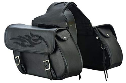 Motorcycle 2 Pc Throw over Concealed carry gun pocket Genuine Leather Zip Off Saddlebag Flame Blk