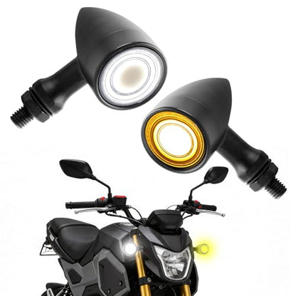 DREAMIZER Motorcycle Led Turn Signal Lights 2x, Bullet Blinker Motorcycle Front Turn Signal Light Compatible with Harley Honda Yamaha Kawasaki (Black/Yellow White Light) - color: B-Front/Black shell + yellow-white light