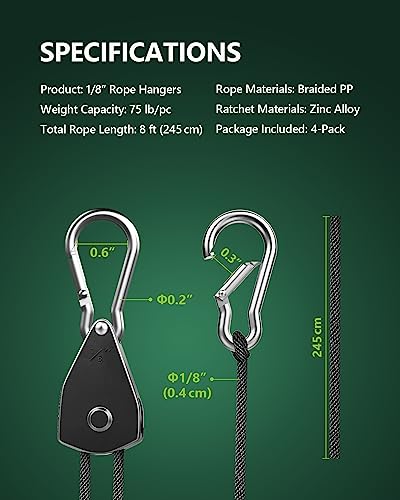 4-Pack 1/8" Adjustable Rope Hanger, Heavy Duty Ratchet Tie Down Strap with Reinforced Metal Gear, Ratcheting Pulley System Kayak Straps for Hanging Plants Grow Light and Various Tie-Down Uses - size: 4-Pack 1/8"