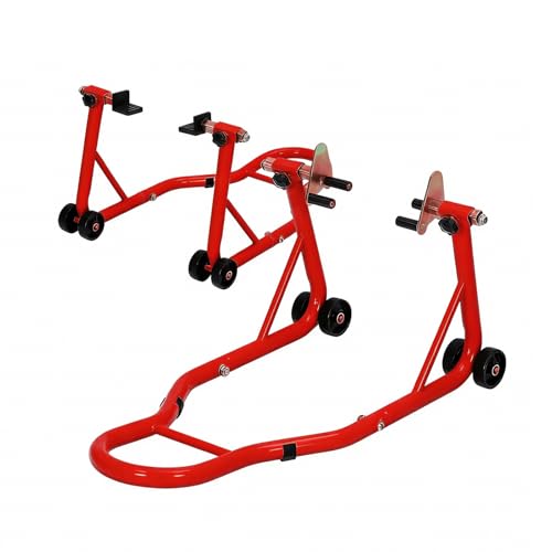 Motorcycle Front & Rear Stand Combo, Universal Wheel Lift Paddock Stand with Prong Adapters+L Adjustable Swingarm Spool, 900 LB Capacity Heavy Duty for Most Bikes,Red - color: Red