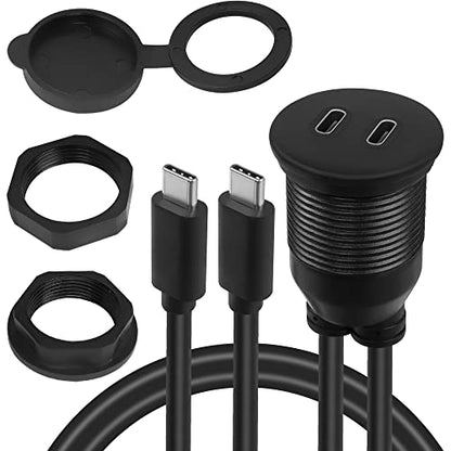 QIANRENON Dual USB C Threaded Flush Mount Waterproof Cable 10Gbps 2 USB C 3.1 Male to Female Panel Mount Extension Cable Support 4K@60HZ Audio and Video Transmission 1m/3.3ft