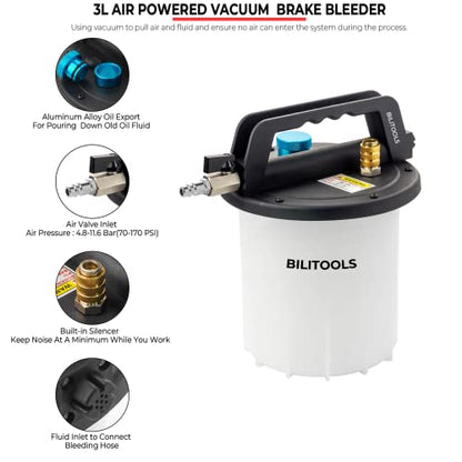 BILITOOLS 3L Universal Brake Bleeder Kit, Vacuum Brake Fluid Bleeding Tool | Pneumatic One Person Air Compressor Brake System Clutch Fluid Extractor Kit with 1L Refilling Bottle, Clean & Efficient