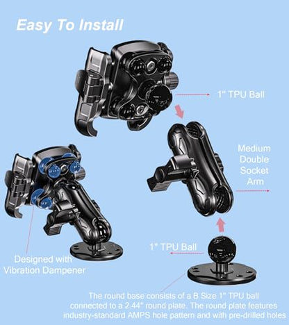 LOKTENWO Anti Vibration Phone Mount, 1s Lock & Release Phone Holder with Shock Dampener, Camera Friendly Aluminum AMPS Round Base Medium Arm for Car Motorcycle UTV Truck Boat, Fits 5.4"-7.2" Phones