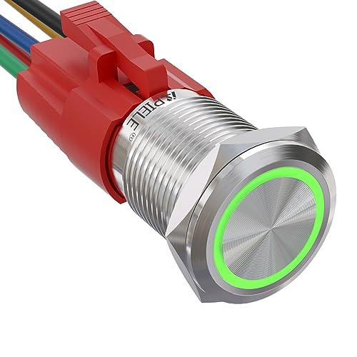 APIELE 16mm Latching Push Button Switch 12VDC On Off Stainless Steel with LED Angel Eye Head for 0.63" Mounting Hole with Wire Socket Plug Self-Locking(Green) - color: Silver Shell-Green, size: Silver Shell
