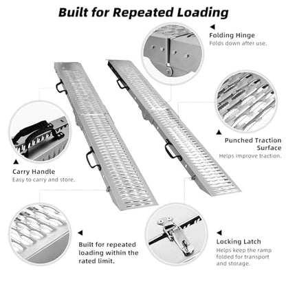 Folding Steel Loading Ramps for Pickup Trucks and Trailers, 970 lb Capacity, Locking Latches, 4 Dual-Hook Ratchet Straps, for Motorcycles, Dirt Bikes and Light ATVs, 72.7 in x 8.9 in, 2 Pack - size: Perforated Surface - 2 Pack - 970 lb