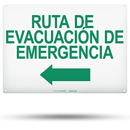 TRADESAFE Emergency Evacuation Route Arrow Left Sign – Ruta De Evacuación De Emergencia Spanish Sign, Quick Install, Light Reflective, UV-Resistant, Waterproof, 14” X 10” Aluminum Safety Signs - style: Ruta De Evacuación De Emergencia Arrow Left