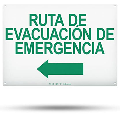 TRADESAFE Emergency Evacuation Route Arrow Left Sign – Ruta De Evacuación De Emergencia Spanish Sign, Quick Install, Light Reflective, UV-Resistant, Waterproof, 14” X 10” Aluminum Safety Signs - style: Ruta De Evacuación De Emergencia Arrow Left
