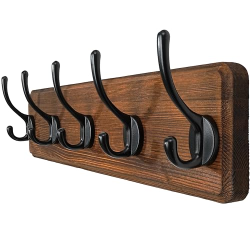 WEBI Coat Rack Wall Mount,Coat Hooks Wall Mounted,16" Hole to Hole,Coat Hanger Wall,Hook Rack Rail,5 Hooks for Hanging Jacket,Clothes,Hats,Rustic Brown - color: Brown Wood/Black Hook, size: 17.3 Inch-5 Hooks