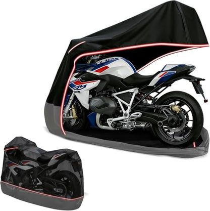 Full Enclosed Motorcycle Cover - Waterproof for Outdoor & Indoor Storage, Heavy 600D Duty with Reflective Strips, Fits Scooters & Touring Motorcycles up to Length86.6" x 45" x 53"Black&Gray - size: 86.6"L-45"W-53"H