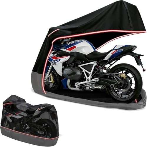 Full Enclosed Motorcycle Cover - Waterproof for Outdoor & Indoor Storage, Heavy 600D Duty with Reflective Strips, Fits Scooters & Touring Motorcycles up to Length86.6" x 45" x 53"Black&Gray - size: 86.6"L-45"W-53"H