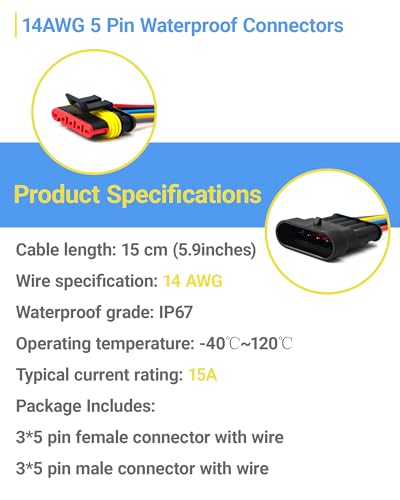 14 AWG 5 Pin Waterproof Connector, 5 Wire Automotive Waterproof Electrical Connectors, 14 Gauge Male and Female Way Connectors Harness 12V Quick Connect for Car Truck Boat Motorcycle -3 Pack - size: 5 Pin