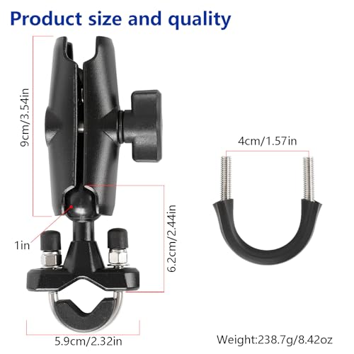 1" Ball Handlebar U-Bolt Mount Base with Middle Double Socket Arm, Aluminum Alloy, Compatible with RAM Mounts and 1" Ball Bike Motorcycle Phone Holder or GPS Mount - style: U-Bolt Base w 3.54" Arm
