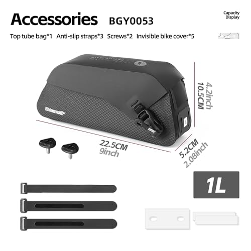Rhinowalk Bike Top Tube Bag Waterproof IPX4 Magnetic Closure Frame Pouch for Road & MTB Slim Fit (Size 1.0L) - color: Black Toptube Bag, size: 1.0 L