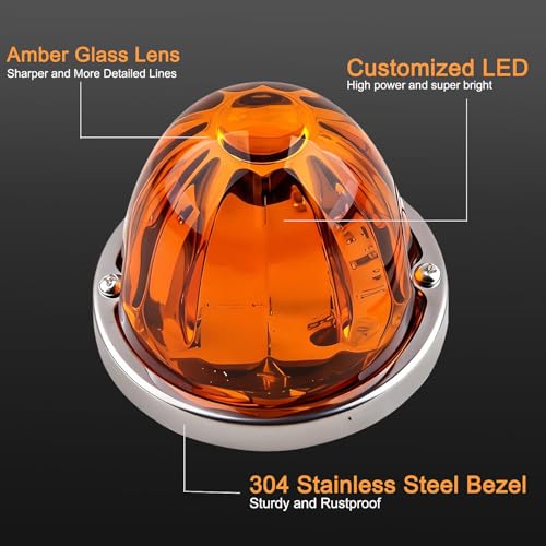2 Pcs Amber Glass Lens Watermelon Lights LED Side Marker Turn Signal Lights with Stainless Steel Bezel Replacement for Kenworth Peterbilt Freightliner Trucks ATV Motorcycle