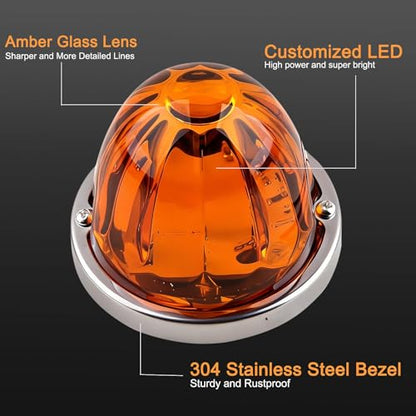 2 Pcs Amber Glass Lens Watermelon Lights LED Side Marker Turn Signal Lights with Stainless Steel Bezel Replacement for Kenworth Peterbilt Freightliner Trucks ATV Motorcycle