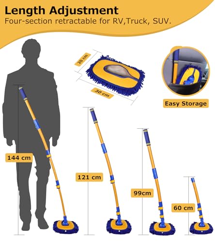 anngrowy 56.7" Car Wash Brush Mop Kit Mitt Sponge with Long Handle Car Cleaning Supplies Kit Tools Car Washing Duster Exterior Scratch Free, Chenille Replacement Head Extension Pole - color: Blue