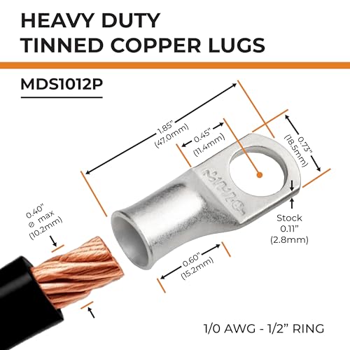 SELTERM 10pcs 1/0 AWG-1/2" Stud Tinned Copper Wire Lugs, Heavy Duty Battery Cable Ends,0 Gauge Ring Terminals, UL Battery Lugs Marine Grade Copper Eyelets Electrical Battery Terminal Connectors - color: Tinned Copper Lugs, size: 1/0 Awg - 1/2" (M12) Ring