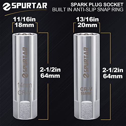 Spurtar 14mm 16mm Spark Plug Socket Set Thin Wall 12-Point 3/8-Inch Drive Spark Plug Tool Set for Auto, Fits BMW Peugeot Benz Nissan Cars Motorcycle SUV ATV with Spring Clips 2pcs CRV Steel Tool - size: 14mm & 16mm Set