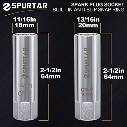 Spurtar 14mm 16mm Spark Plug Socket Set Thin Wall 12-Point 3/8-Inch Drive Spark Plug Tool Set for Auto, Fits BMW Peugeot Benz Nissan Cars Motorcycle SUV ATV with Spring Clips 2pcs CRV Steel Tool - size: 14mm & 16mm Set
