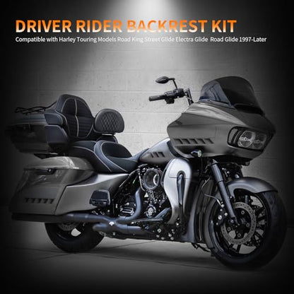 Adjustable Plug-in Driver Rider Backrest Pad Motorcycle Front Custom Mounting Kit Compatible with Harley Touring Models Road King Street Glide Electra Glide Road Glide 1997-2026 - color: Black Bar-Grid