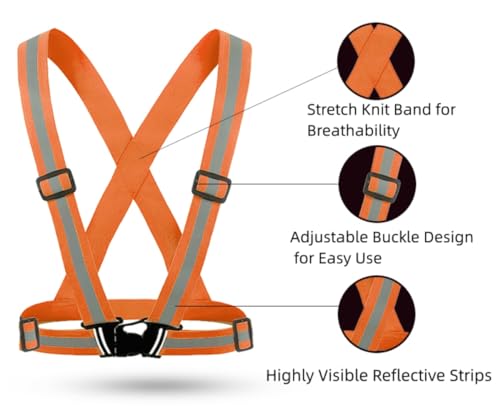 Running Reflective Vest Elastic Adjustable Reflective Vest 2 Pieces with 4 High-Visibility Reflective Belts for Nighttime Running Biking Motorcycle Dog Walking fits Men Women Kids - color: Orange-green