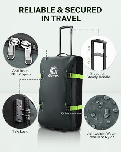 Gonex Rolling Duffle Bag with Wheels, Water-repellent 90L Nylon Large Wheeled Travel Duffel Luggage with TSA Lock & Telescopic Handle 30 inch, Dark Green - color: Dark Green, size: 30 inch