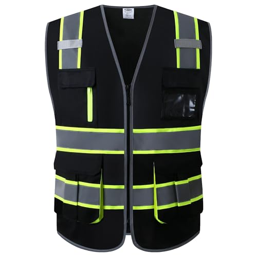JKSafety 7 Pockets High Visibility Black Safety Vest for Men and Women Zipper Front with Hi-Vis Reflective Strips Meets ANSI/ISEA Standards (130-Black, Medium) - color: Black-sf07, size: Medium